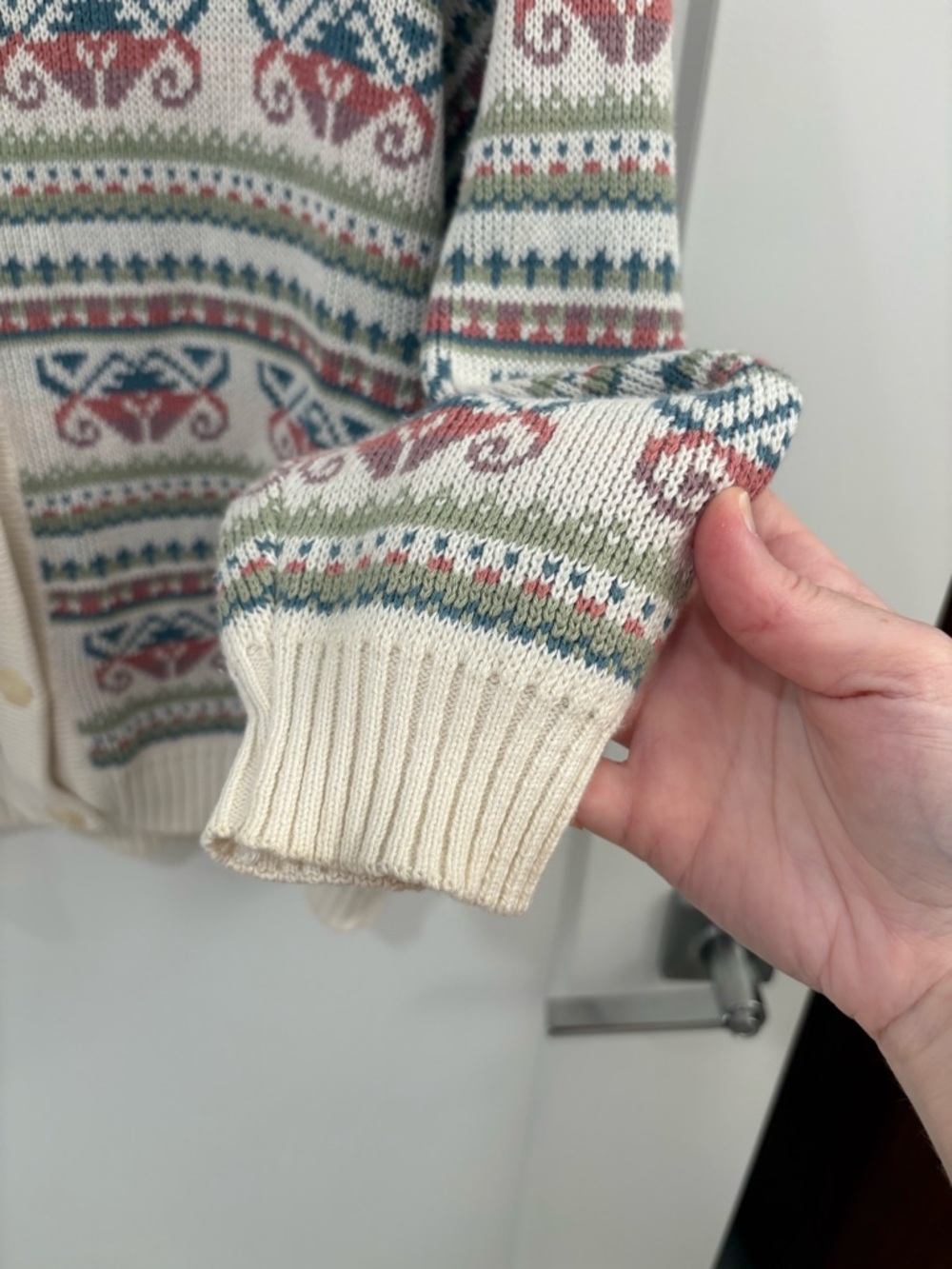 Vintage 90s White Fair Isle 100% Portuguese Cotton Knit Cardigan Size Small - Picture 7 of 9